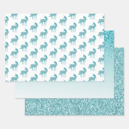 Girly Glitz Aqua Turquoise Glitter Unicorn Inpakpapier Vel (Set)