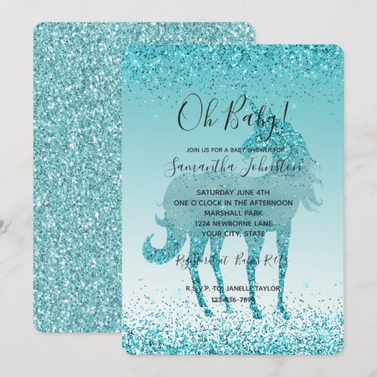 Girly Glitz Aqua Turquoise Glitter Unicorn Kaart (Voorkant / Achterkant)