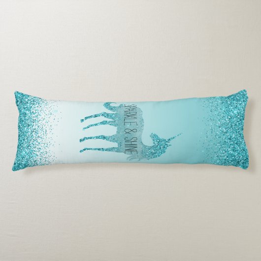 Girly Glitz Aqua Turquoise Glitter Unicorn Lichaamskussen (Voorkant)