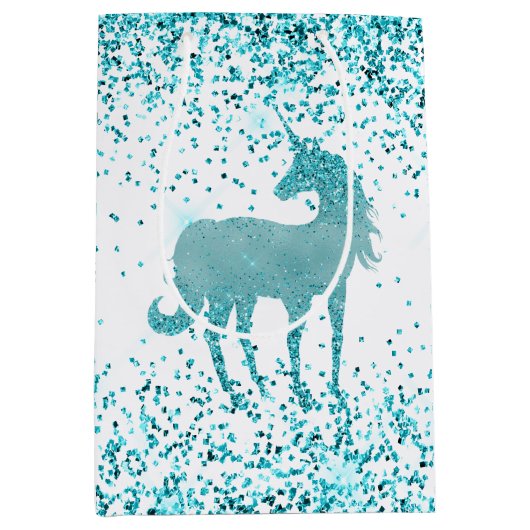 Girly Glitz Aqua Turquoise Glitter Unicorn Medium Cadeauzakje (Voorkant)