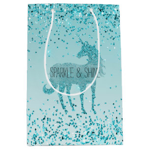Girly Glitz Aqua Turquoise Glitter Unicorn Medium Cadeauzakje