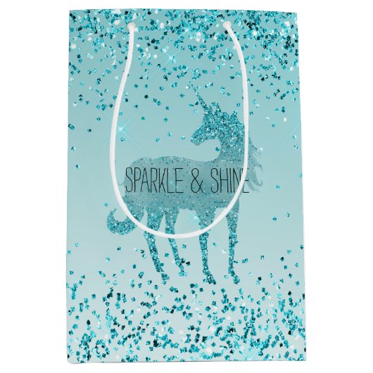 Girly Glitz Aqua Turquoise Glitter Unicorn Medium Cadeauzakje (Voorkant)
