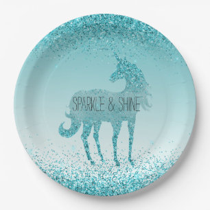 Girly Glitz Aqua Turquoise Glitter Unicorn Papieren Bordje