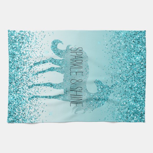 Girly Glitz Aqua Turquoise Glitter Unicorn Theedoek (Horizontaal)