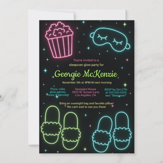 GIRLY GLOW SLEEPOVER NEON PYJAMA PARTY KAART (Voorkant)