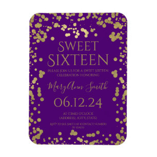 Girly Gold Foil Confetti Sweet 16 Invite Paars Magneet