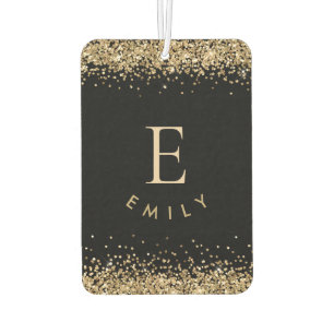 Girly Gold Glitter Black Monogram Name Initiaal Luchtverfrisser