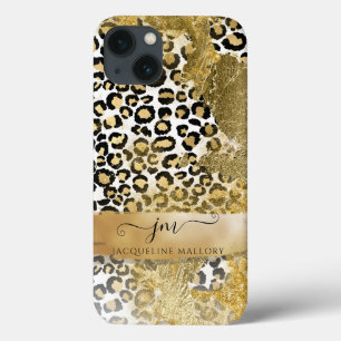 Girly Gold Glitter Leopard Print Patroon Monogram iPhone 13 Hoesje
