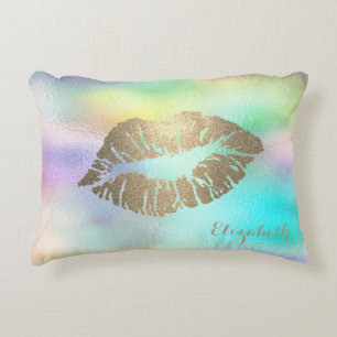 Girly Gold Glitter Lips Holographic Iridescent Accent Kussen