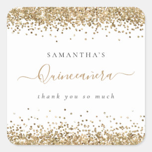 Girly Gold Glitter Name Quinceañera Hartelijk dank Vierkante Sticker