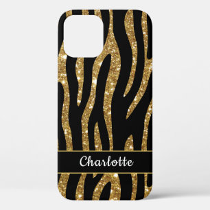 Girly Gold Glitter Tiger Stripe Name iPhone 12 Hoesje