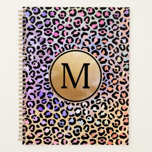 Girly Gold Monogram Iridescent Rainbow Leopard Planner (Voorkant)