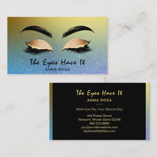 *~* Girly Gold PAARSE BLUE Lashes Extensions Brows Visitekaartje (Voorkant / Achterkant)