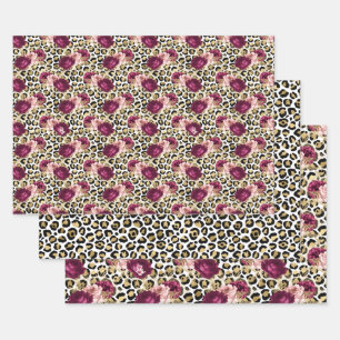 Girly Gold Pink Floral Leopard Print Inpakpapier Vel