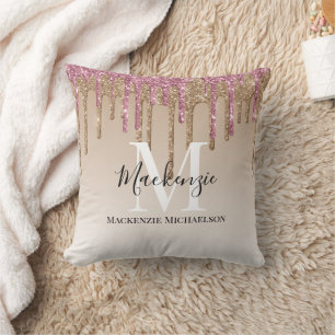 Girly Gold Pink Glitter Monogram Naam Kussen