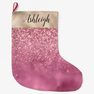 Girly Gold Pink Glitzy Glitter Sparkle Naam Grote Kerstsok