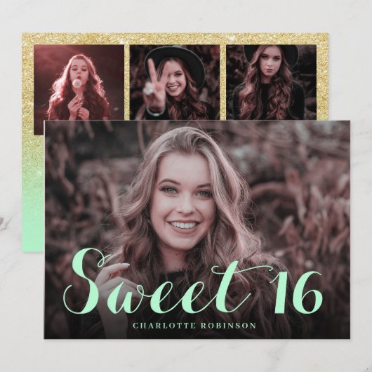 Girly goud glitter chic mint 4 foto zoet 16 kaart (Voorkant / Achterkant)