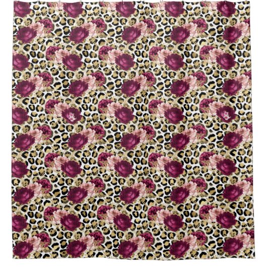 Girly Goud Roze Bloemen Luipaard Print Douchegordijn (Voorkant)