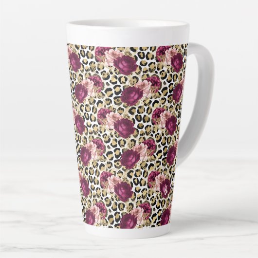 Girly Goud Roze Bloemen Luipaard Print Latte Mok (Rechterhoek)
