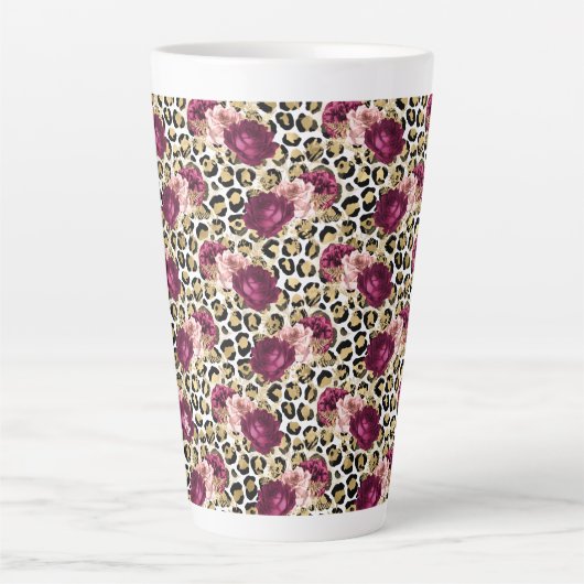 Girly Goud Roze Bloemen Luipaard Print Latte Mok (Voorkant)