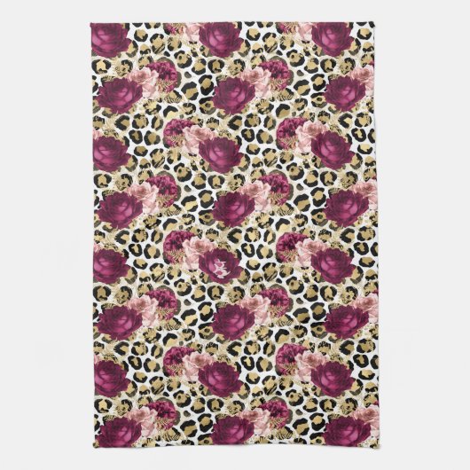 Girly Goud Roze Bloemen Luipaard Print Theedoek (Verticaal)
