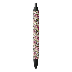 Girly Goud Roze Bloemen Luipaard Print Zwarte Inkt Pen