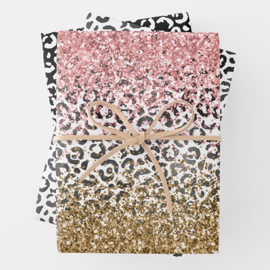Girly Goud Roze Zwart Wit Luipaard Print Glitter Inpakpapier Vel (In situ)