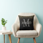 Girly Goud Zwart Glitter Monogram en Naam Kussen (Stoel)