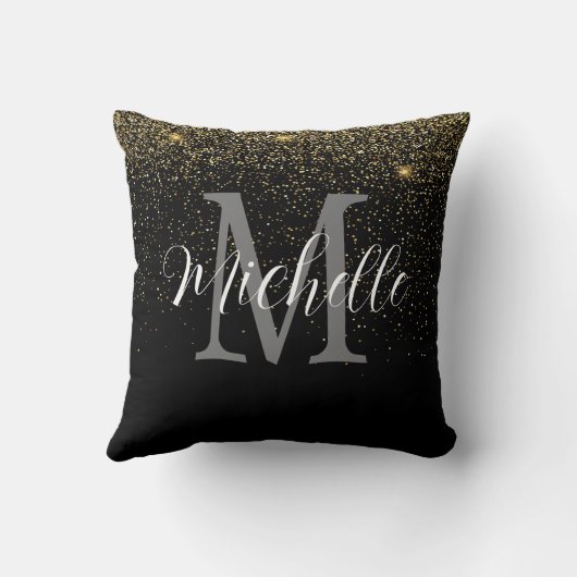 Girly Goud Zwart Glitter Monogram en Naam Kussen (Achterkant)