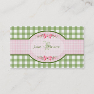 Girly Green Gingham Monogram Country Pink Ribbon Visitekaartje