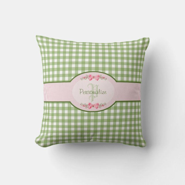 Girly Green Gingham Monogram met naam Kussen (Voorkant)