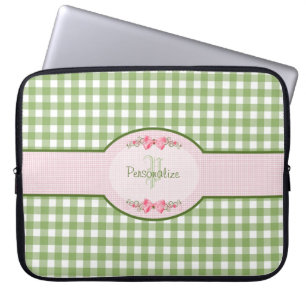 Girly Green Gingham Monogram met naam Laptop Sleeve