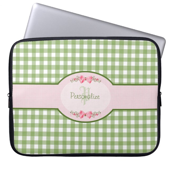 Girly Green Gingham Monogram met naam Laptop Sleeve (Voorkant)