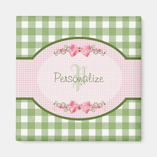 Girly Green Gingham Monogram met naam Magneet (Voorkant)