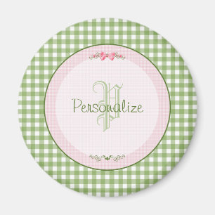 Girly Green Gingham Monogram met naam Magneet