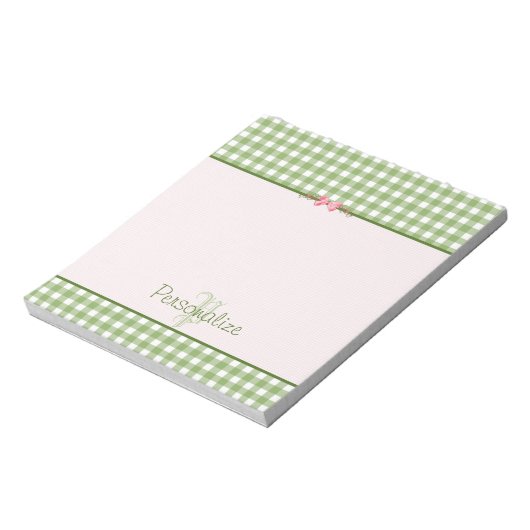 Girly Green Gingham Monogram met naam Notitieblok (Gedraaid)
