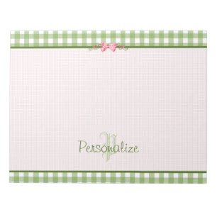 Girly Green Gingham Monogram met naam Notitieblok