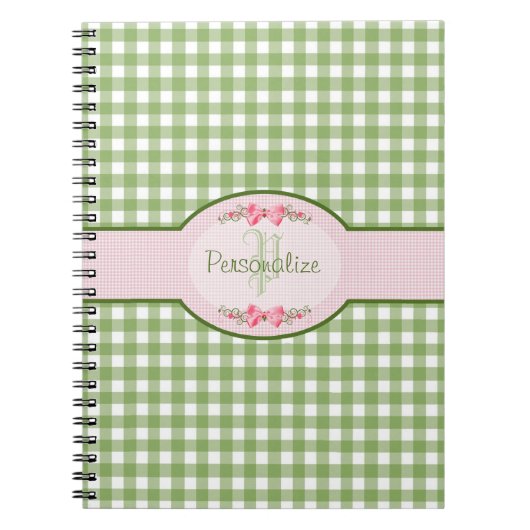 Girly Green Gingham Monogram met naam Notitieboek (Voorkant)