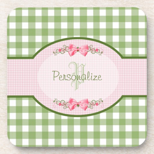 Girly Green Gingham Monogram met naam Onderzetter (Voorkant)