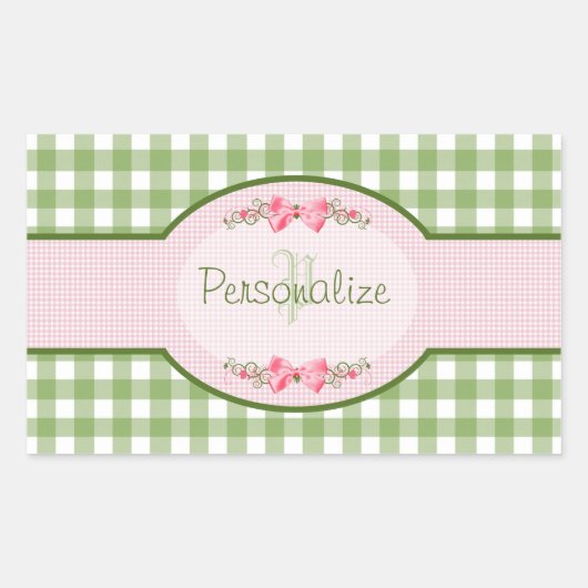 Girly Green Gingham Monogram met naam Rechthoekige Sticker (Voorkant)