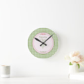 Girly Green Gingham Monogram met naam Ronde Klok (Huis)