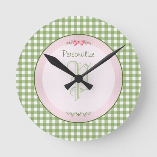 Girly Green Gingham Monogram met naam Ronde Klok (Voorkant)