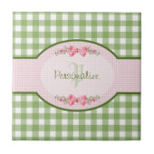 Girly Green Gingham Monogram met naam Tegeltje (Voorkant)