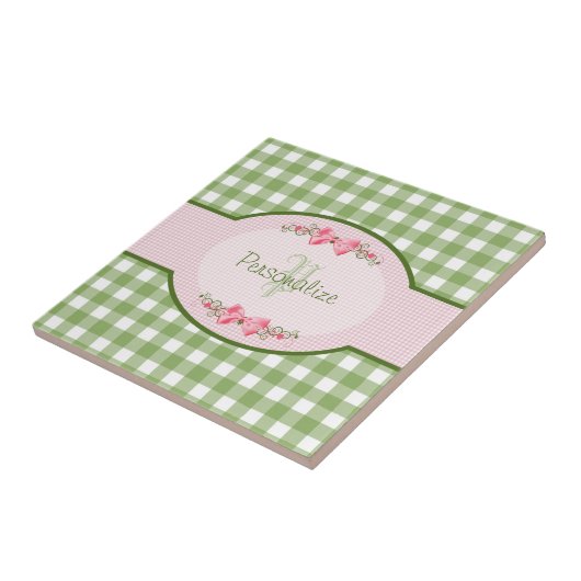 Girly Green Gingham Monogram met naam Tegeltje (Zijkant)