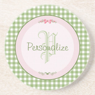 Girly Green Gingham Monogram met naam Zandsteen Onderzetter