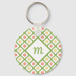 Girly Green Quatrefoil Cute Daisies en Monogram Sleutelhanger