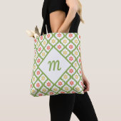 Girly Green Quatrefoil Cute Daisies en Monogram Tote Bag (Dichtbij)