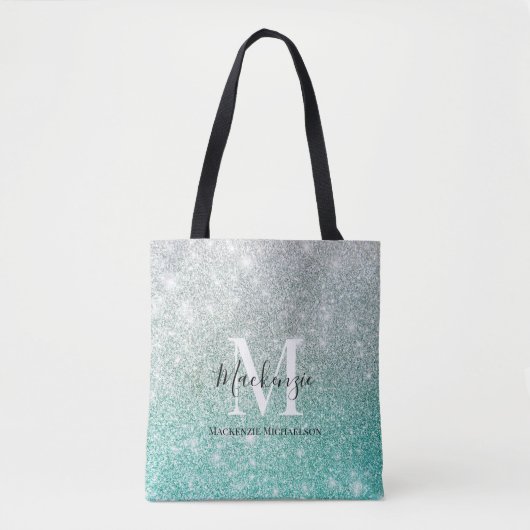 Girly Green Silver Ombre Glitter Monogram Naam Draagtas (Voorkant)