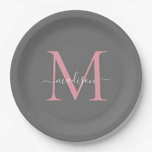 Girly Grey Blush Pink Monogram Trendy Script Naam Papieren Bordje (Voorkant)