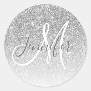 Girly Grijs Zilver Glitter Blush Monogram Naam Ronde Sticker